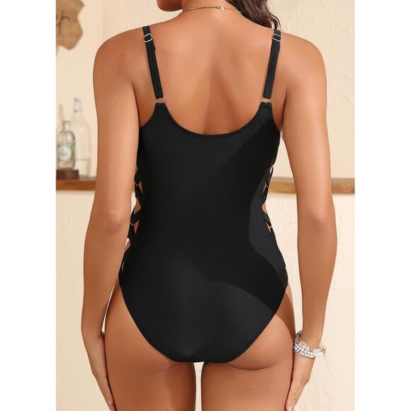 🆕Women Black Nylon One Piece Bathing Suit Slimming Crisscross Lace Up Sexy - Picture 6 of 6